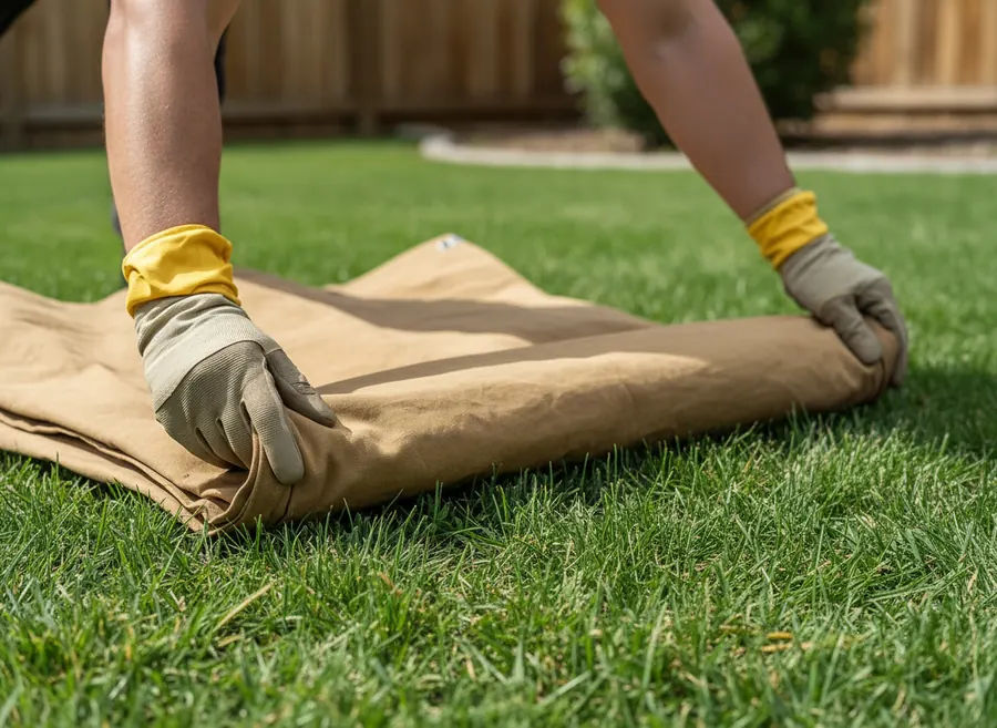 Gloved hands laying a canvas tarp on a mown lawn beside a wooden fence.