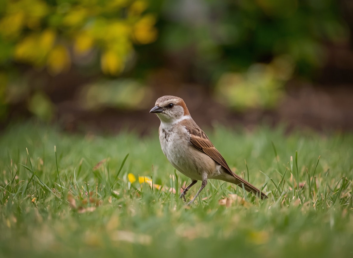 A sparrow standing in short grass.