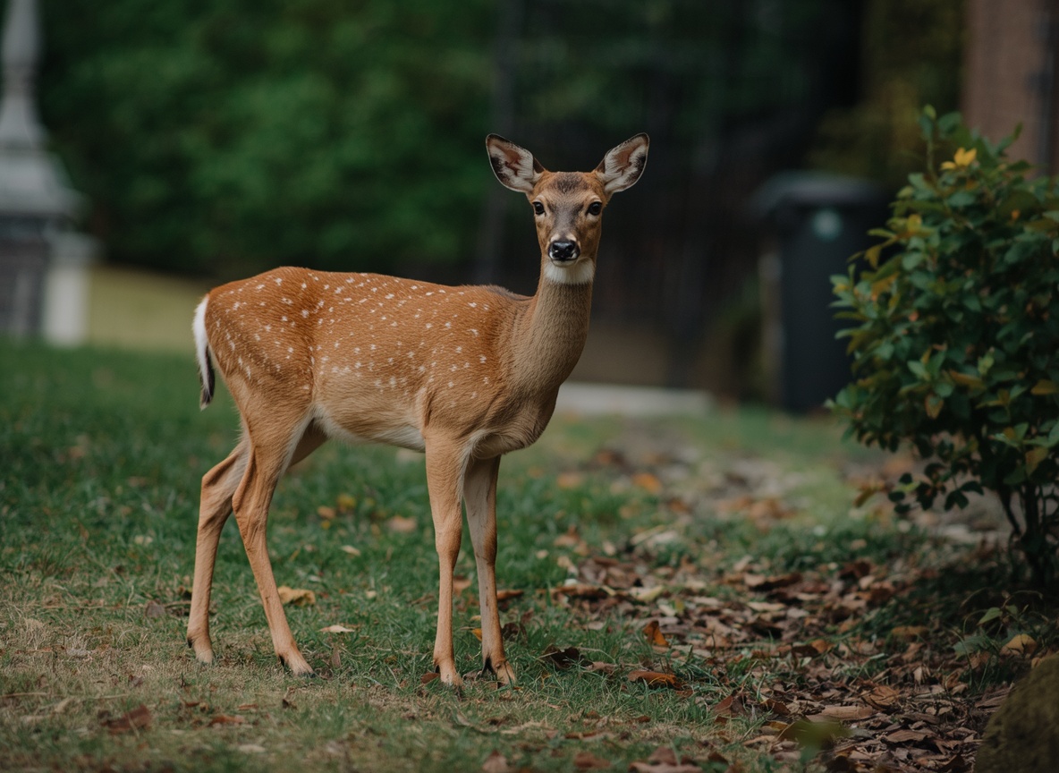 A young white-tailed deer standing on a residential lawn beside shrubs.