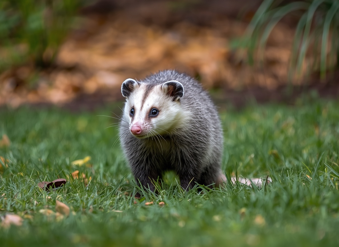 An opossum standing on a grassy lawn.