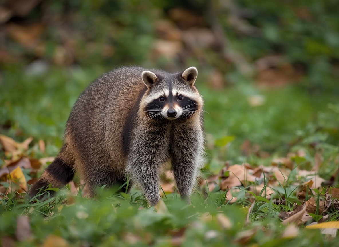 A raccoon standing on short grass in daylight.