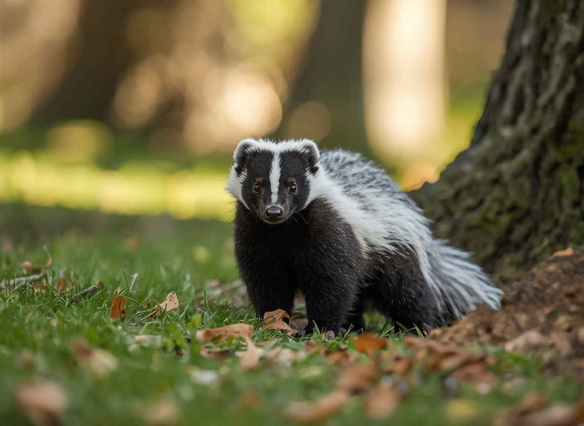 A striped skunk walking across grass.