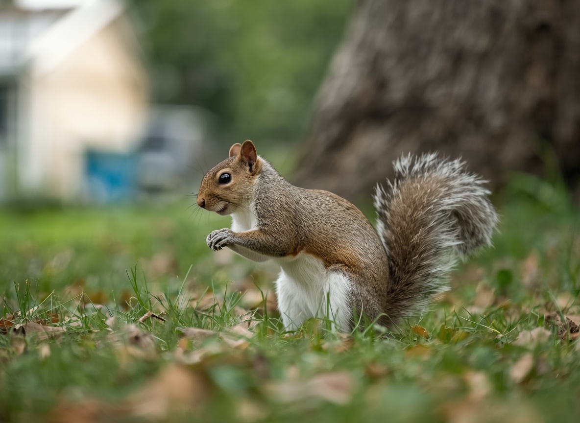 A gray squirrel on a lawn near a tree.